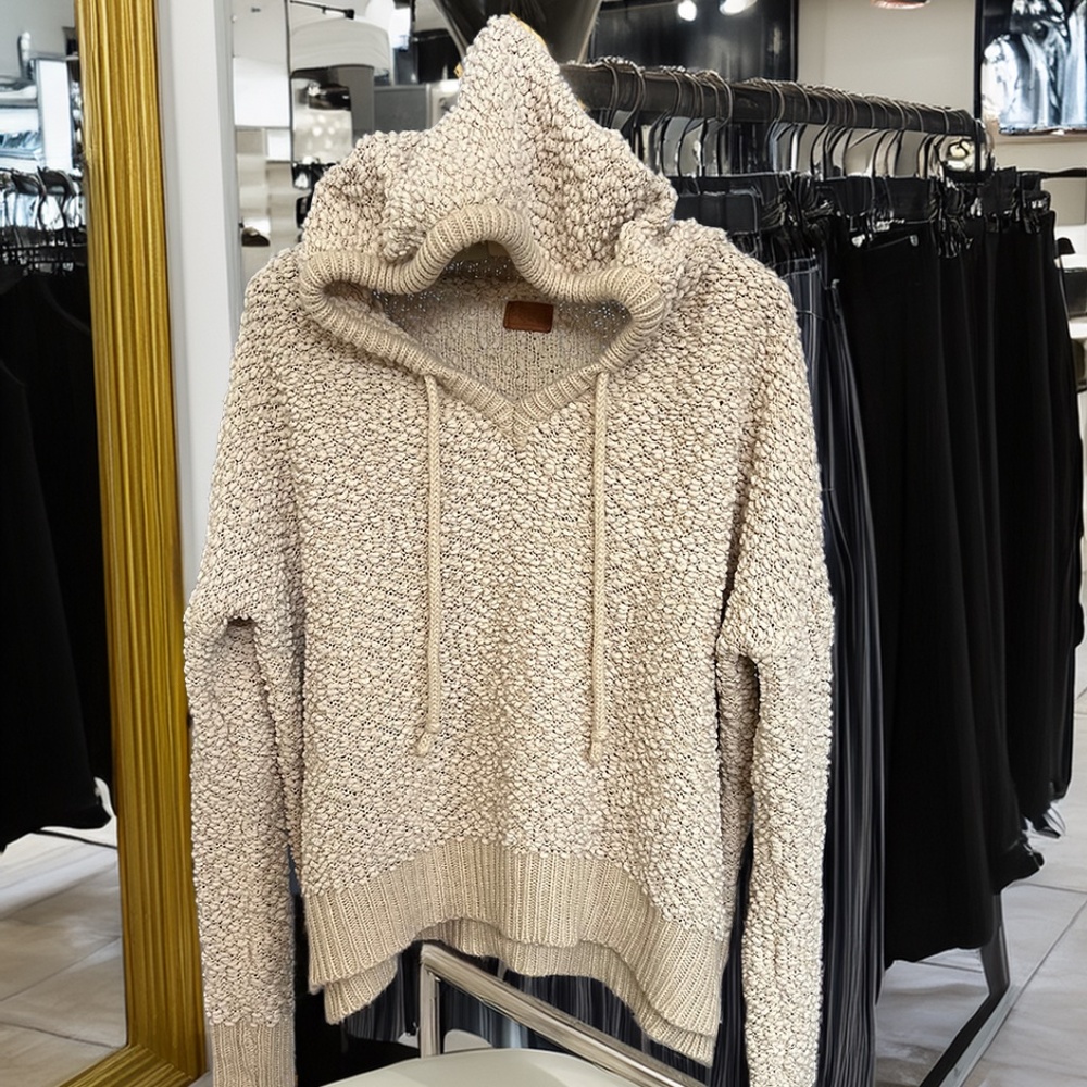 POL Womens Ivory Boucle Popcorn Knit Hooded V-Neck Sweater High Low Hem Sz Large